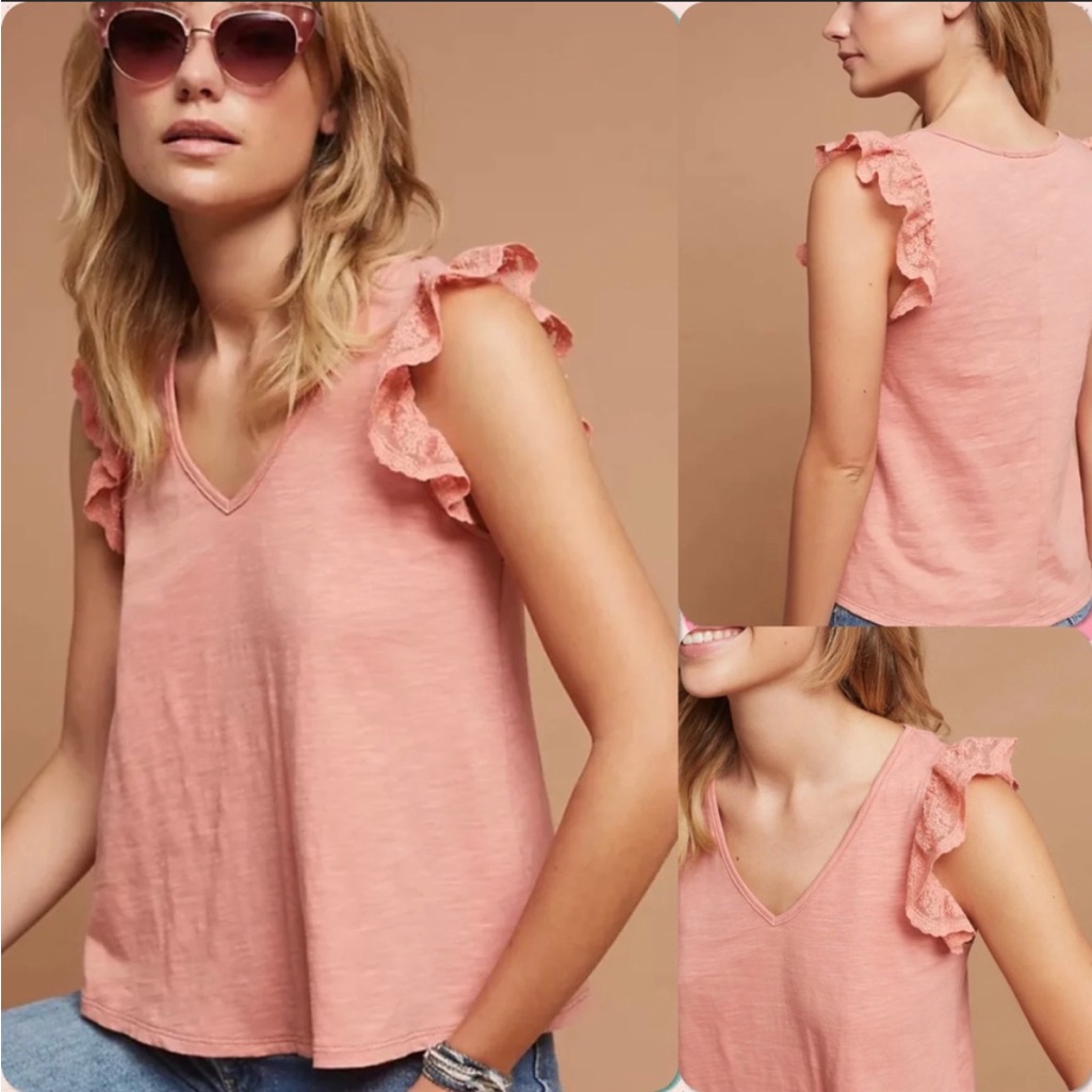 Anthropologie Eri + Ali Ruffled Lace V-Neck